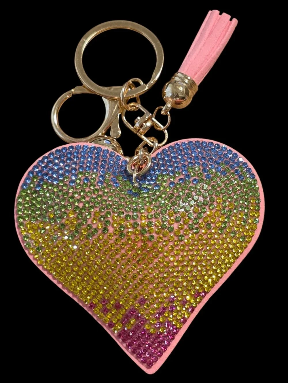 Pink Heart Multicolor Crystal Tassel Bag Charm Keychain